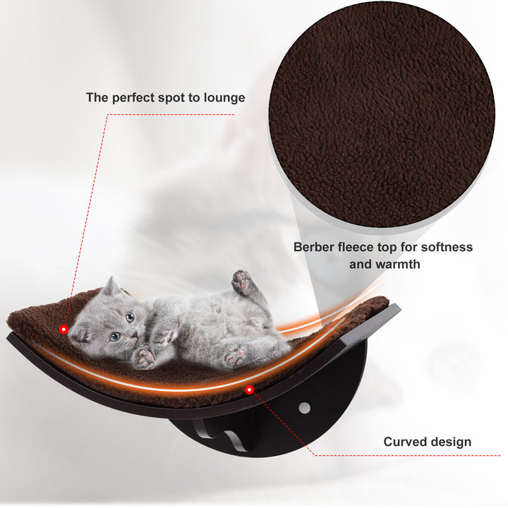 Wood Cat Shelves, Wall-Mounted Cat Shelter, Curved Kitten Bed Perch Climber Furniture 41 x 28 x 21cm Brown