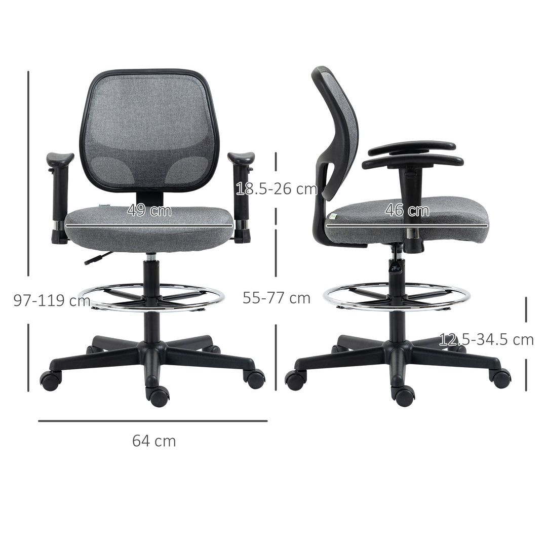 Drafting Chair, Fabric Office Chair, Ergonomic Painting Chair with Height Armrest Adjustable and Foot Ring, 360° Swivel Stool Chair for Standing Desk, Grey