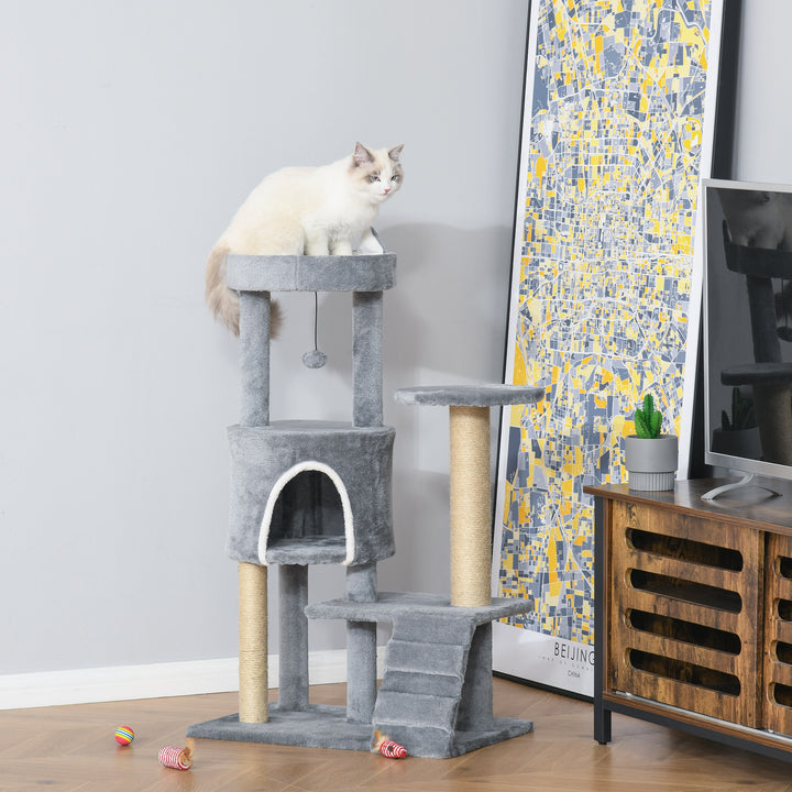 PawHut 100cm Cat Tree Tower Condo Multi Platform Kitty Cat Center with Climbing Ladder Scratching Post Hanging Toy Ball, Light Grey | Aosom UK