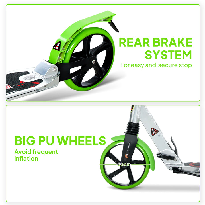 Folding Kick Scooter, Adjustable Ride On Scooter with 200mm Big Wheels and Double Shock Absorption, Urban Scooter for 14+ Teens Adult, Green