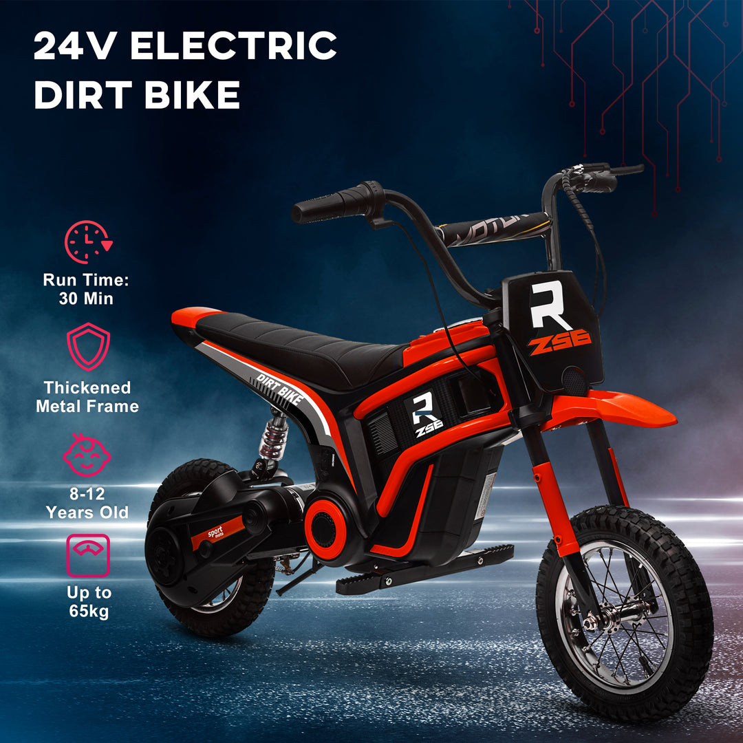 HOMCOM 24V Electric Motorbike, Dirt Bike with Twist Grip Throttle, Music Horn, 12" Pneumatic Tyres, 16 Km/h Max. Speed, Red