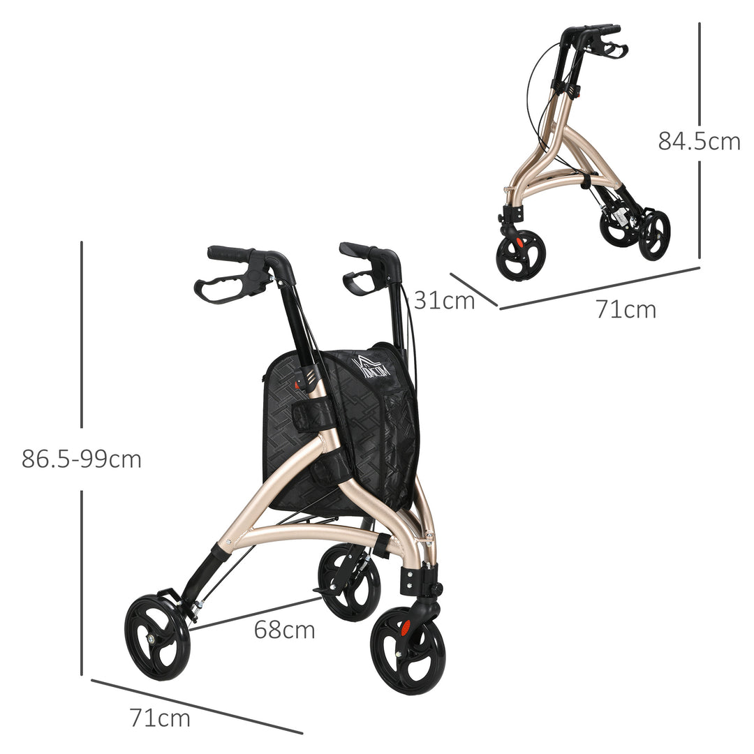 3 Wheel Rollator, Lightweight Aluminium Tri Walker with Adjustable Handle, Storage Bag and Dual Brakes, Folding Mobility Walking Aid for Elderly, Handicapped, 5.3kg, Gold Tone