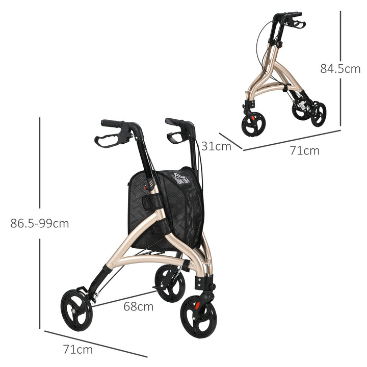 3 Wheel Rollator, Lightweight Aluminium Tri Walker with Adjustable Handle, Storage Bag and Dual Brakes, Folding Mobility Walking Aid for Elderly, Handicapped, 5.3kg, Gold Tone
