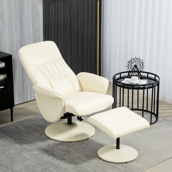 Swivel Recliner Chair with Footstool, HOMCOM PU Leather Armchair and Ottoman with High Back and Round Base for Living Room, Cream White | Aosom UK