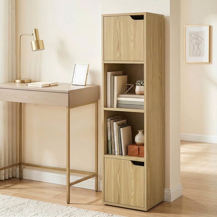 Narrow Bookcase, 4-Tier Bookshelf, Storage Cabinet with doors for Livi