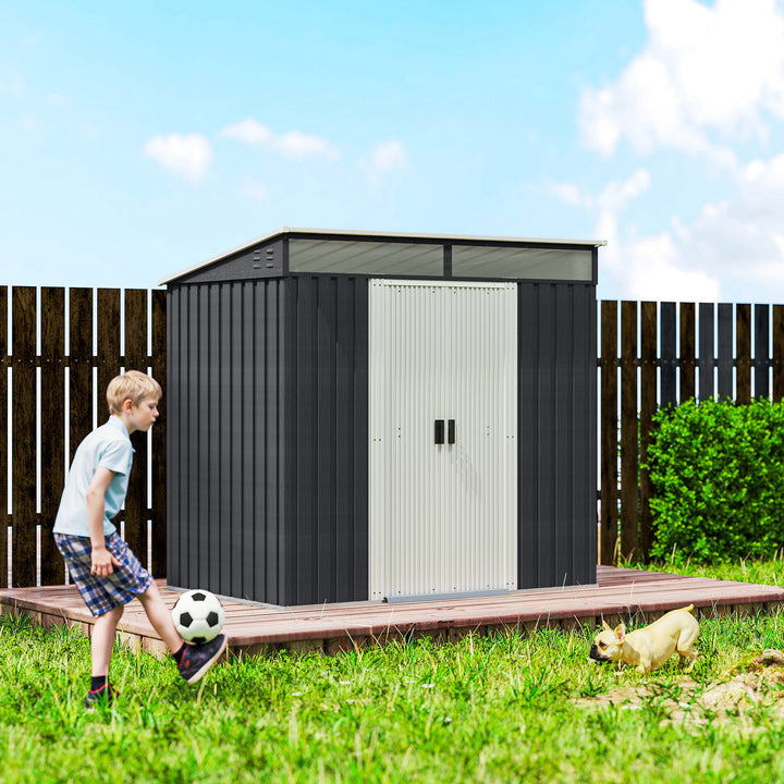 6.5 x 4FT Galvanised Metal Shed with Foundation Kit, Lockable Tool Garden Shed with Double Sliding Doors, Vents, Grey