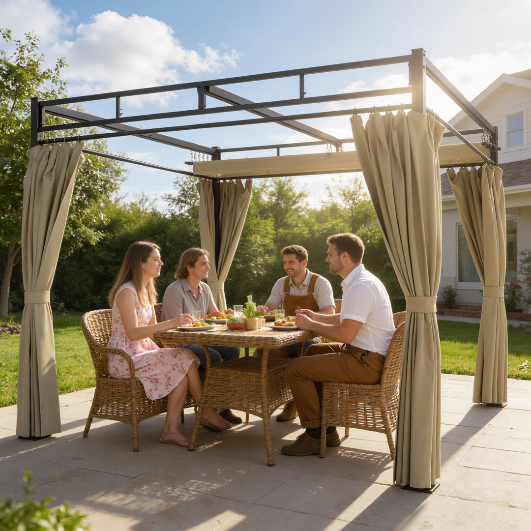 3 x 3 m Pergola with Retractable Roof Canopy and Curtains, UPF30+ Metal Frame Garden Pergola Gazebo Sun Shade
