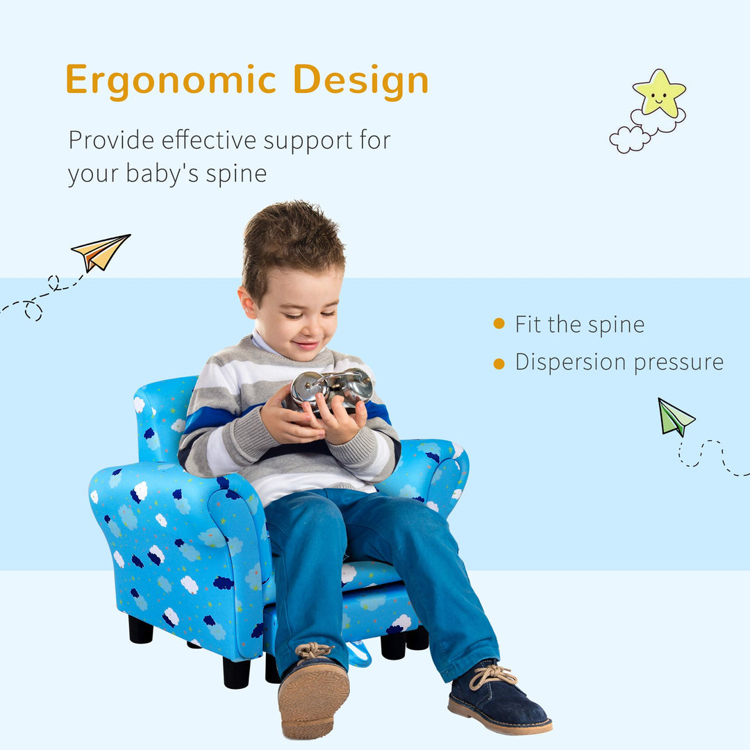 HOMCOM Childrens Sofa Mini Sofa Wood Frame w/ Footrest Anti-Slip Legs High Back Arms Bedroom Playroom Furniture Cute Cloud Star Blue | Aosom UK