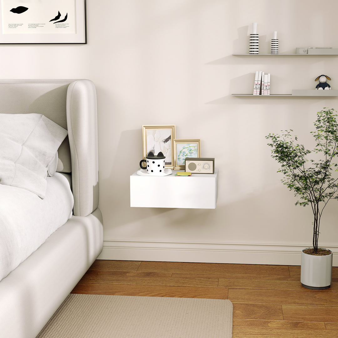 Floating Bedside Table, Wall-Mounted Nightstand with Storage Drawer, Small Side End Table for Bedroom, White