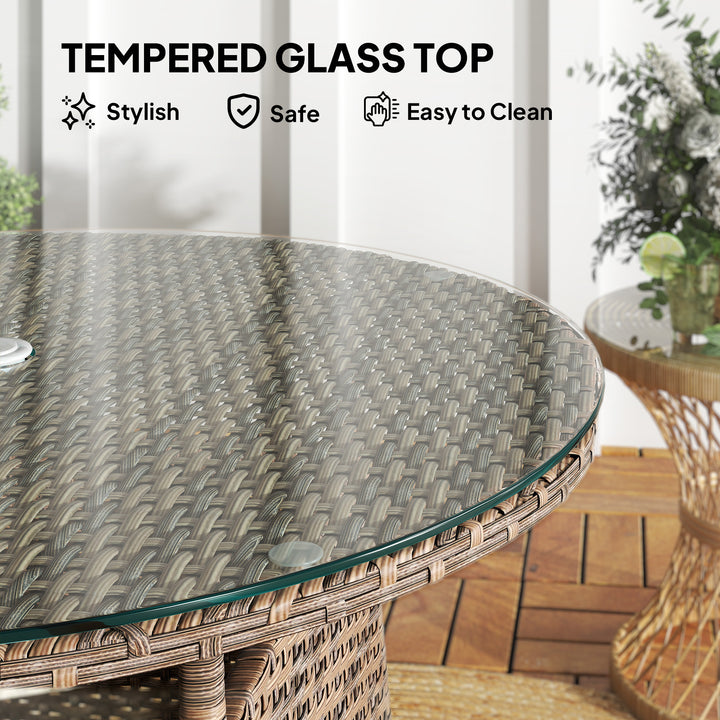 Wicker Garden Rattan Table, Patio Furniture Outdoor Coffee Table with Umbrella Hole and Tempered Glass Top, Brown