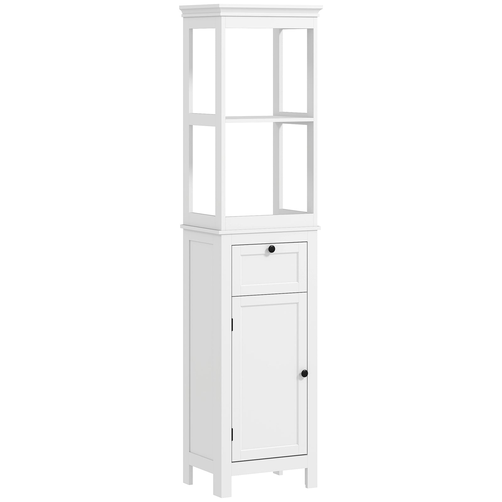 Tall Bathroom Cabinet, Slim Bathroom Storage Cabinet with 2 Open Shelves, Soft Close Door and Drawer, Adjustable Shelf, Narrow Cupboard Storage Unit, White