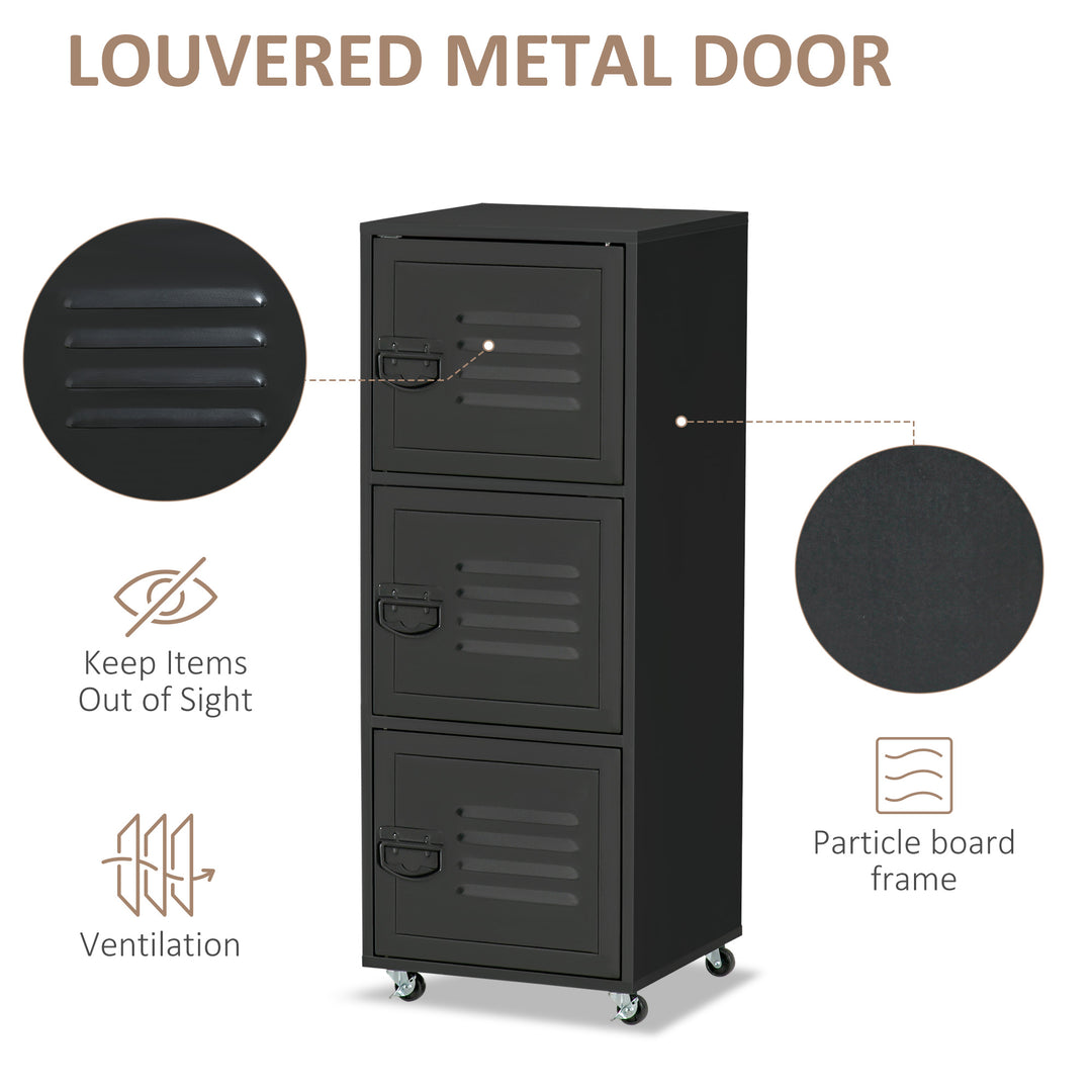 MCL Rolling Storage Cabinet 3-Tier Mobile File Cabinet with Wheels & Metal Doors for Home Office, Living Room, Black