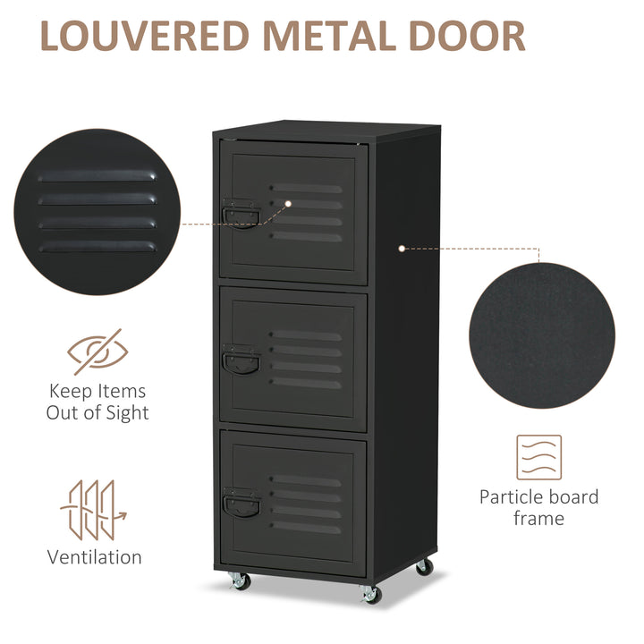 MCL Rolling Storage Cabinet 3-Tier Mobile File Cabinet with Wheels & Metal Doors for Home Office, Living Room, Black
