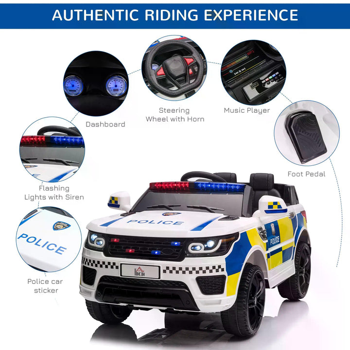 HOMCOM 12V Kids Portable Electric Ride On Police Car with Parental Remote Control Siren Flashing Lights USB Bluetooth for 3