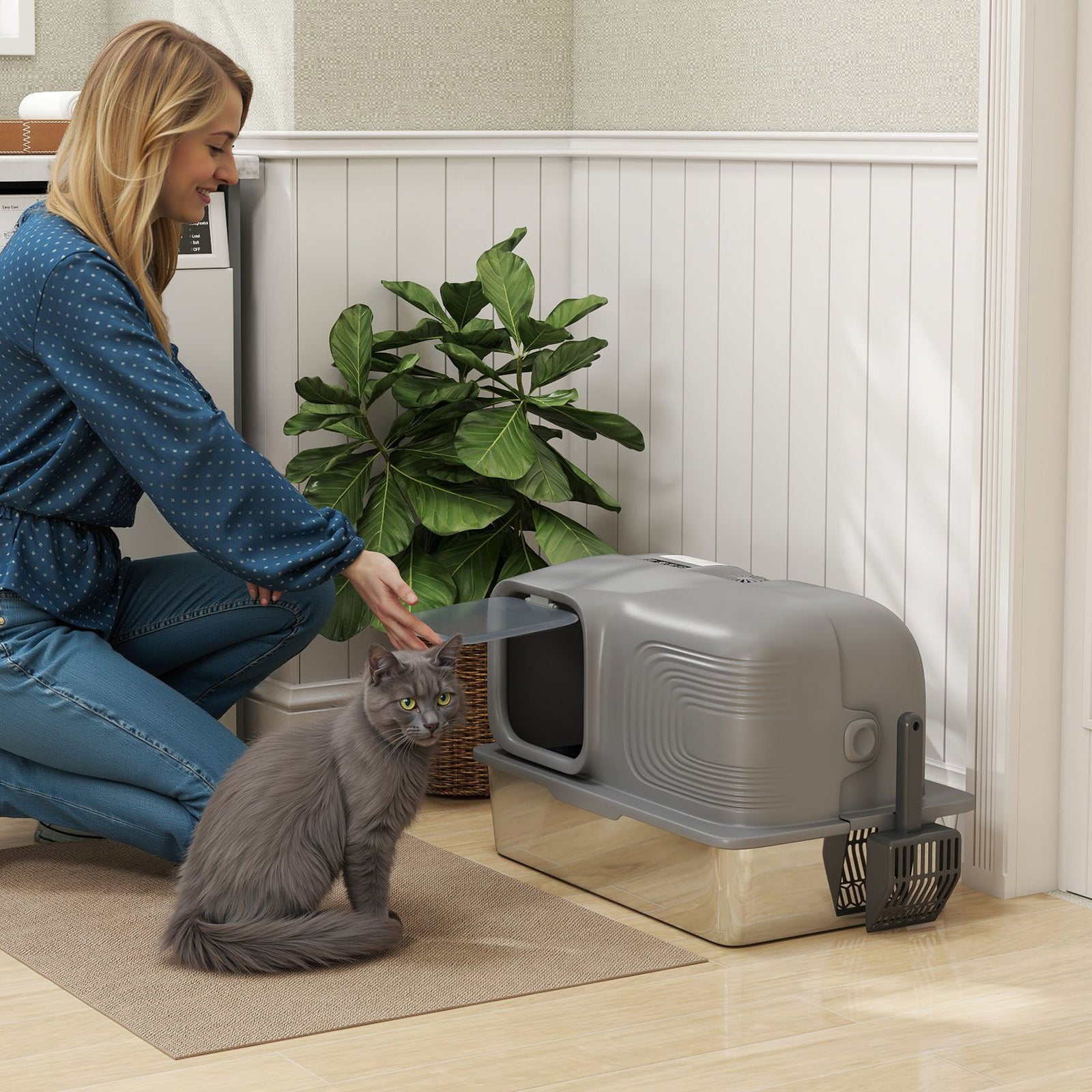 65L Extra Large Stainless Steel Litter Tray with Plasma Deodoriser System, High Sided, Easy to Clean & Odour-Resistant