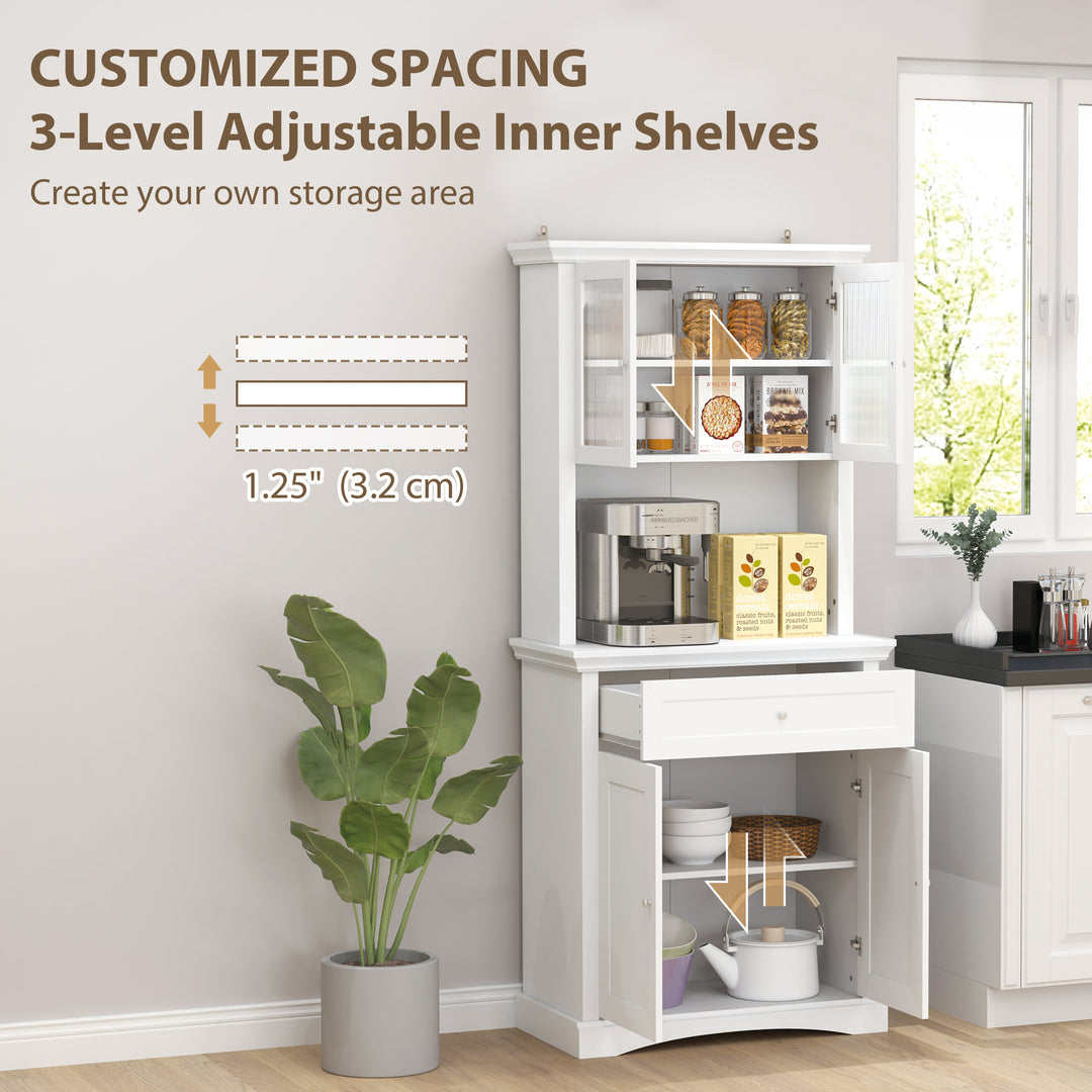 4-Door Kitchen Cupboard with Drawer, Freestanding Kitchen Cabinet with Glass Doors, Adjustable Shelves and Open Counter, White