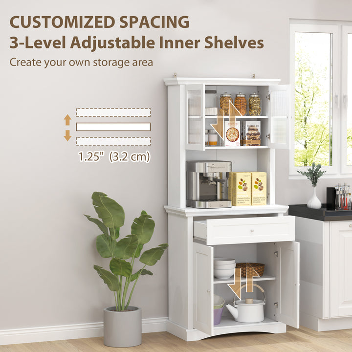 4-Door Kitchen Cupboard with Drawer, Freestanding Kitchen Cabinet with Glass Doors, Adjustable Shelves and Open Counter, White