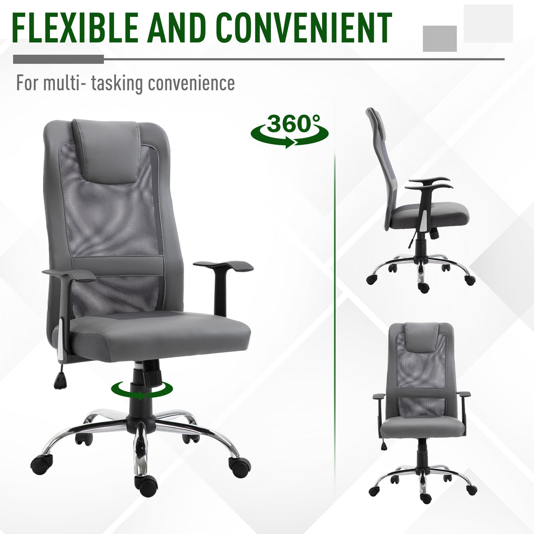 Office Chair, Computer Desk Chair, Mesh and PU Leather Swivel Chair with Adjustable Height and Rolling Wheels for Home Office Work Study, Grey
