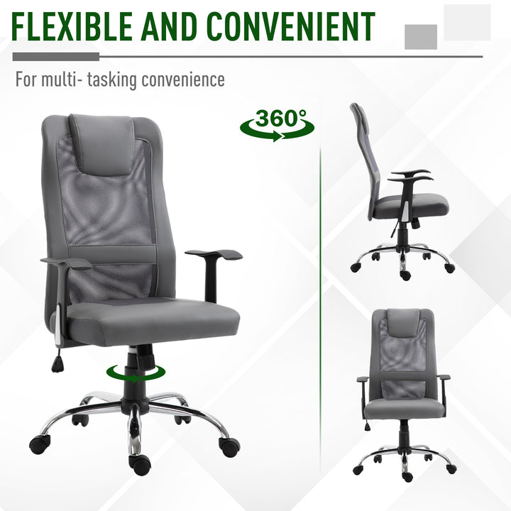 Office Chair, Computer Desk Chair, Mesh and PU Leather Swivel Chair with Adjustable Height and Rolling Wheels for Home Office Work Study, Grey