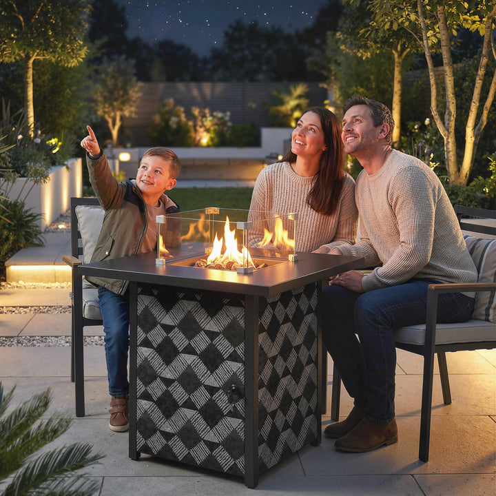 Square Propane Gas Fire Pit Table, 12 KW Firepit with Glass Wind Guard