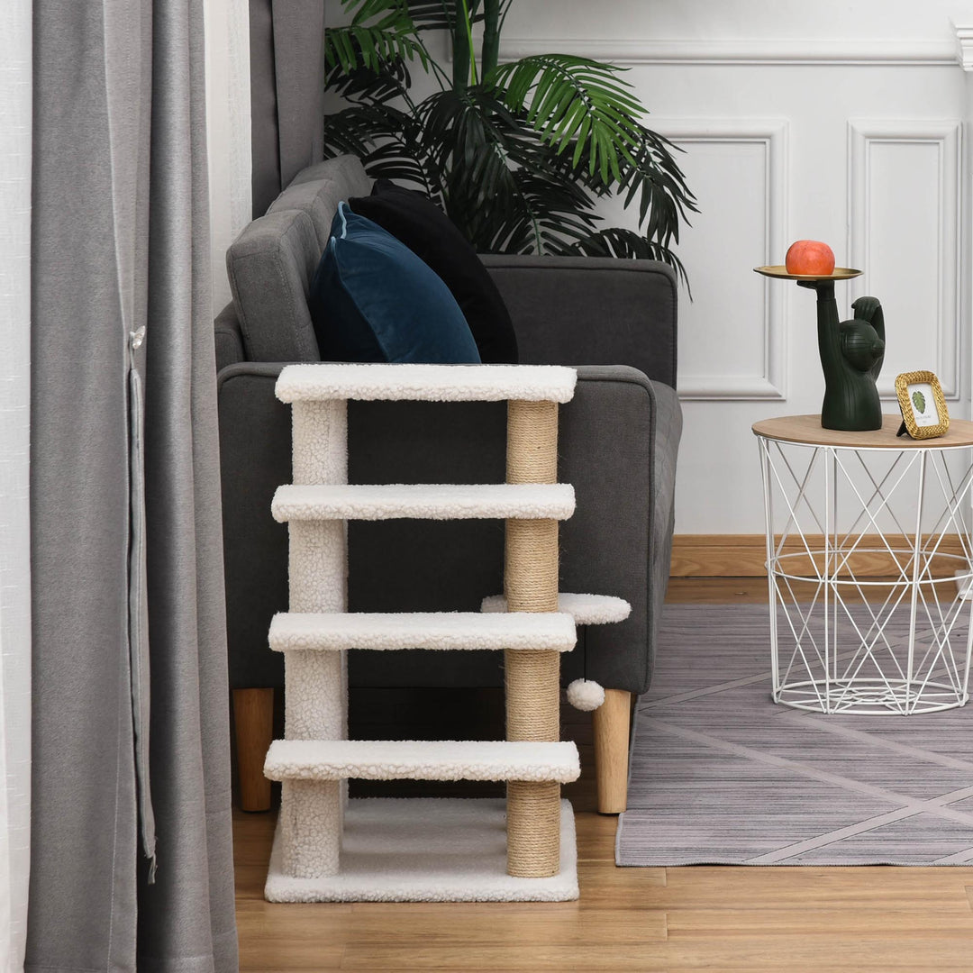 MCL Pet Stair with 4-step Climb Ladder, Scratching Posts, Platforms, Toy Ball, for Indoor Elderly Cats Kittens, White