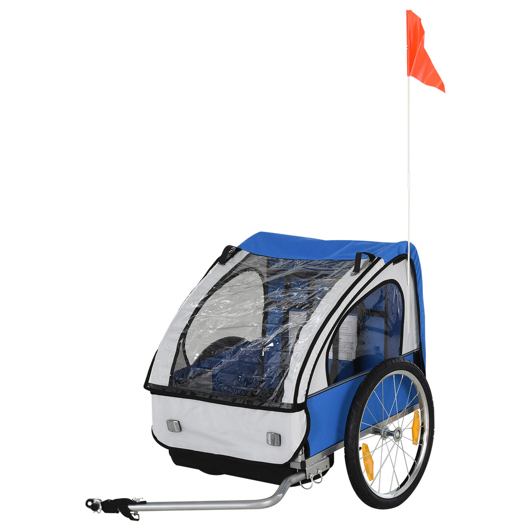 2 Seat Bike Trailer Bicycle wagon for Kids Child Steel Frame Safety Harness Seat Carrier Hitch Coupler Blue White 130 x 76 x 88 cm