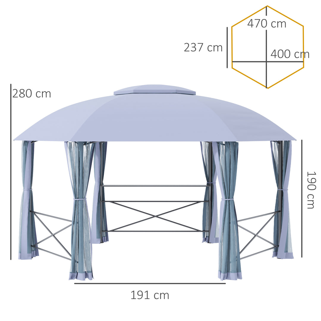 Outsunny 4 x 4.7(m) Patio Metal Gazebo Canopy, Hexagon Shape Garden Tent Sun Shade, Outdoor Shelter with 2 Tier Roof, Netting, Steel Frame, Grey