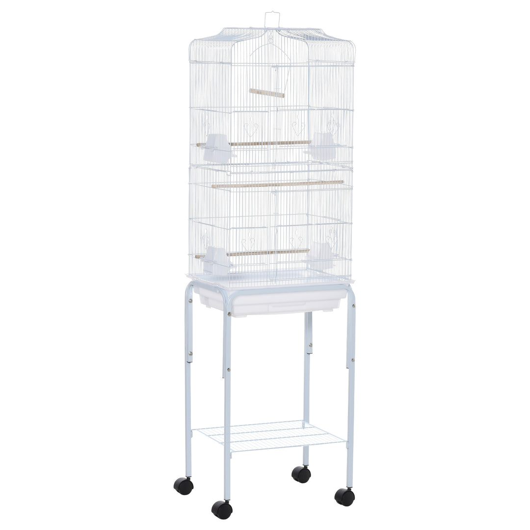 MCL Bird Cage Budgie Cages for Finch Canary Parakeet with Stand Wheels Slide-out Tray Accessories Storage Shelf, White 46.5 x 36 x 157 cm