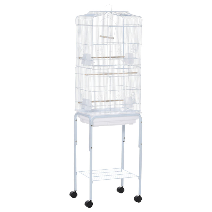 MCL Bird Cage Budgie Cages for Finch Canary Parakeet with Stand Wheels Slide-out Tray Accessories Storage Shelf, White 46.5 x 36 x 157 cm