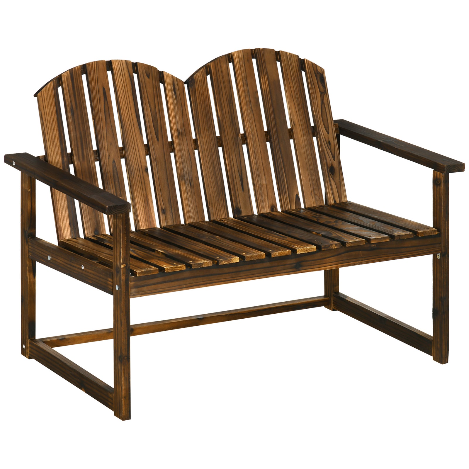 Outdoor Wooden Garden Bench, Patio Loveseat Chair with Slatted Backrest and Smooth Armrests for Two People, for Yard, Lawn, Porch, Carbonised Finish