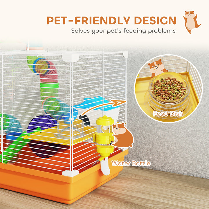 2 Tier Hamster Cage, Gerbil Cage with Handle, Exercise Wheels, Tunnel,