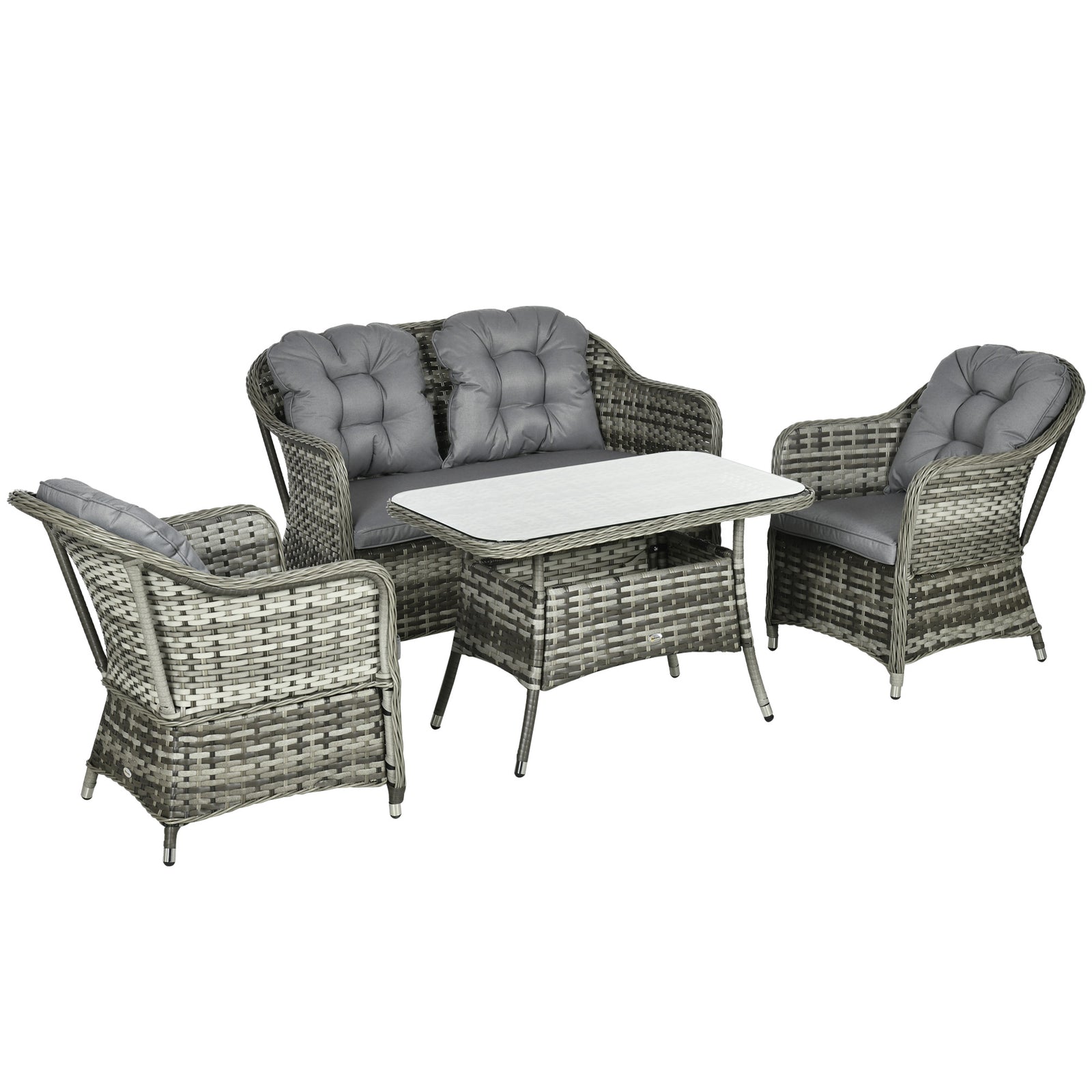 Four-Piece Rattan Set, with Glass-Top Table - Grey