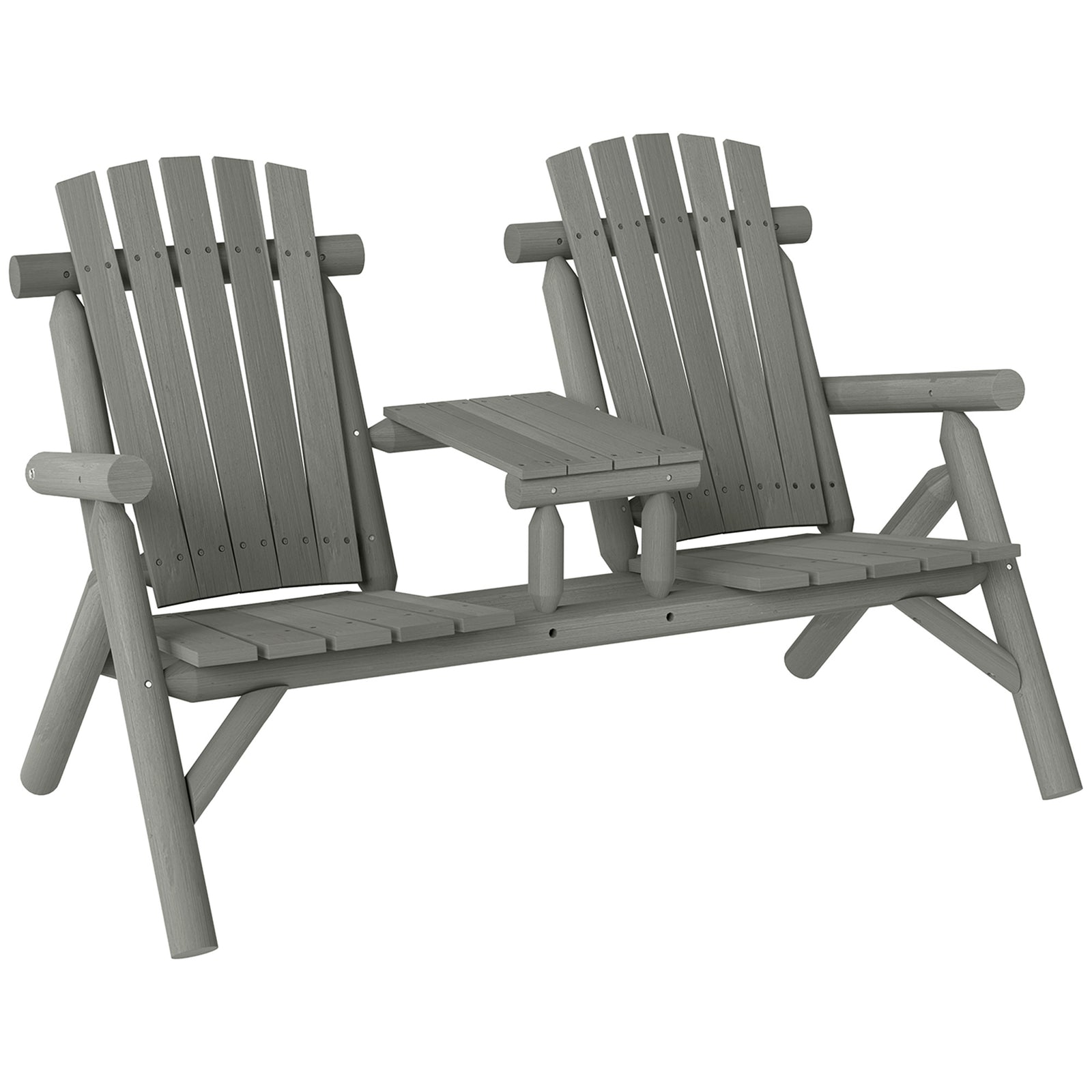 Wood Patio Chair Bench 2 Seats w/ Centre Coffee Table, Garden Bench, Grey