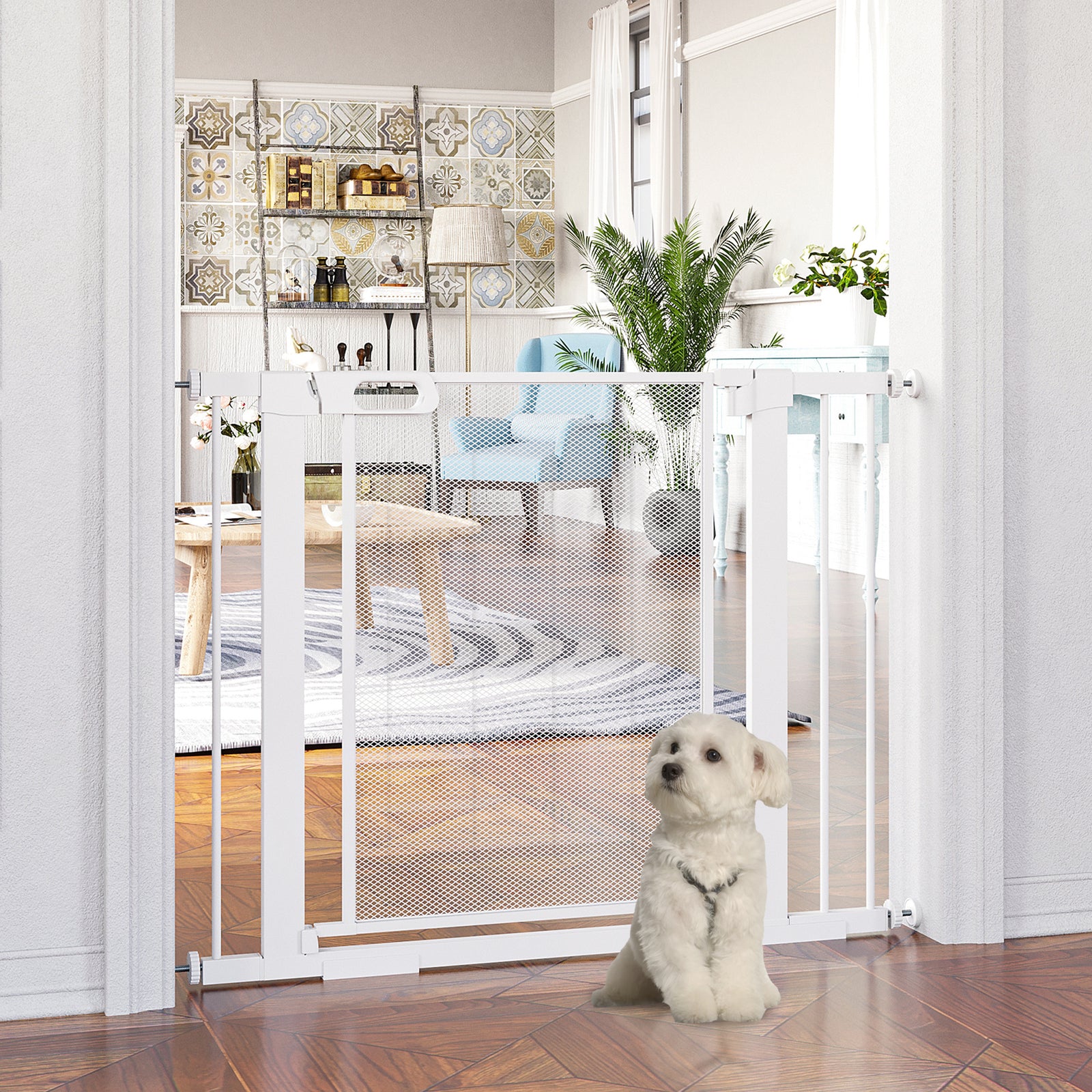 Pet Safety Gate, for Doorways, Staircases, Hallways, with Extensions Kit, 75-103cm - White