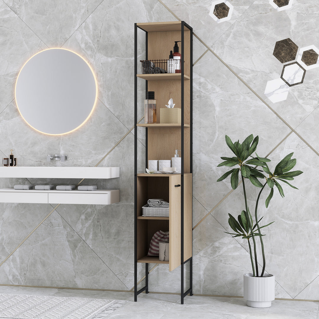 Tall Bathroom Cabinet with Open Shelves and Adjustable Shelf - Natural Wood Finish