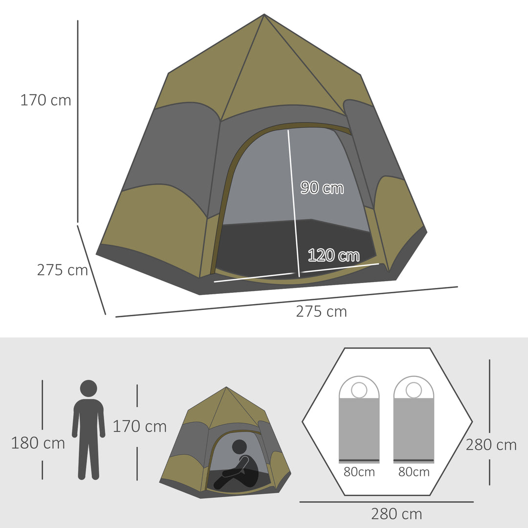 Six Man Hexagon Camping Tent with Hang Hook and Carry Bag - Dark Green and Light Grey