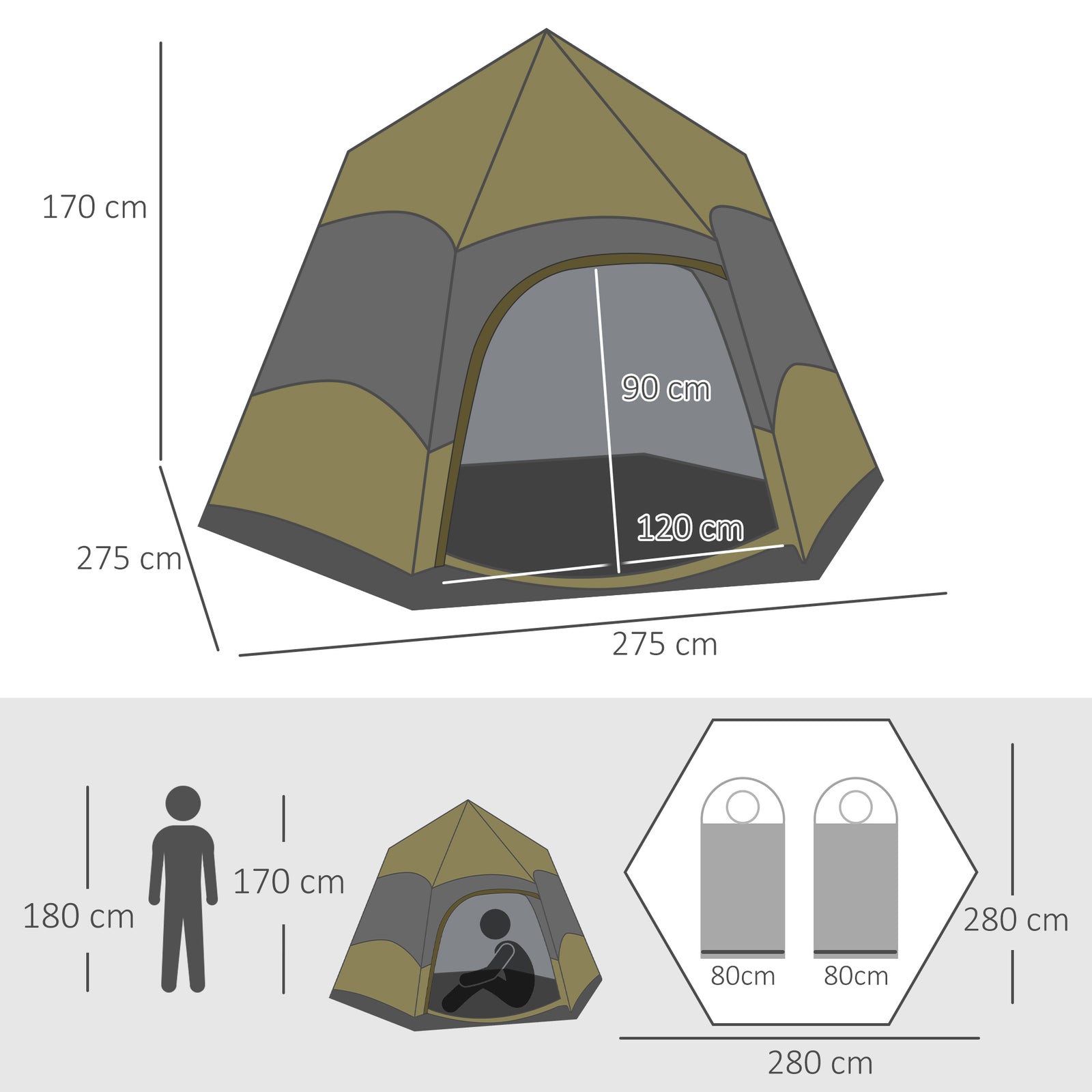4 Man Hexagon Camping Tent with Hang Hook and Carry Bag - Dark Green a