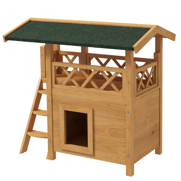 PawHut Cat House Outdoor w/ Balcony Stairs Roof, 77 x 50 x 73 cm, Natural | Aosom UK