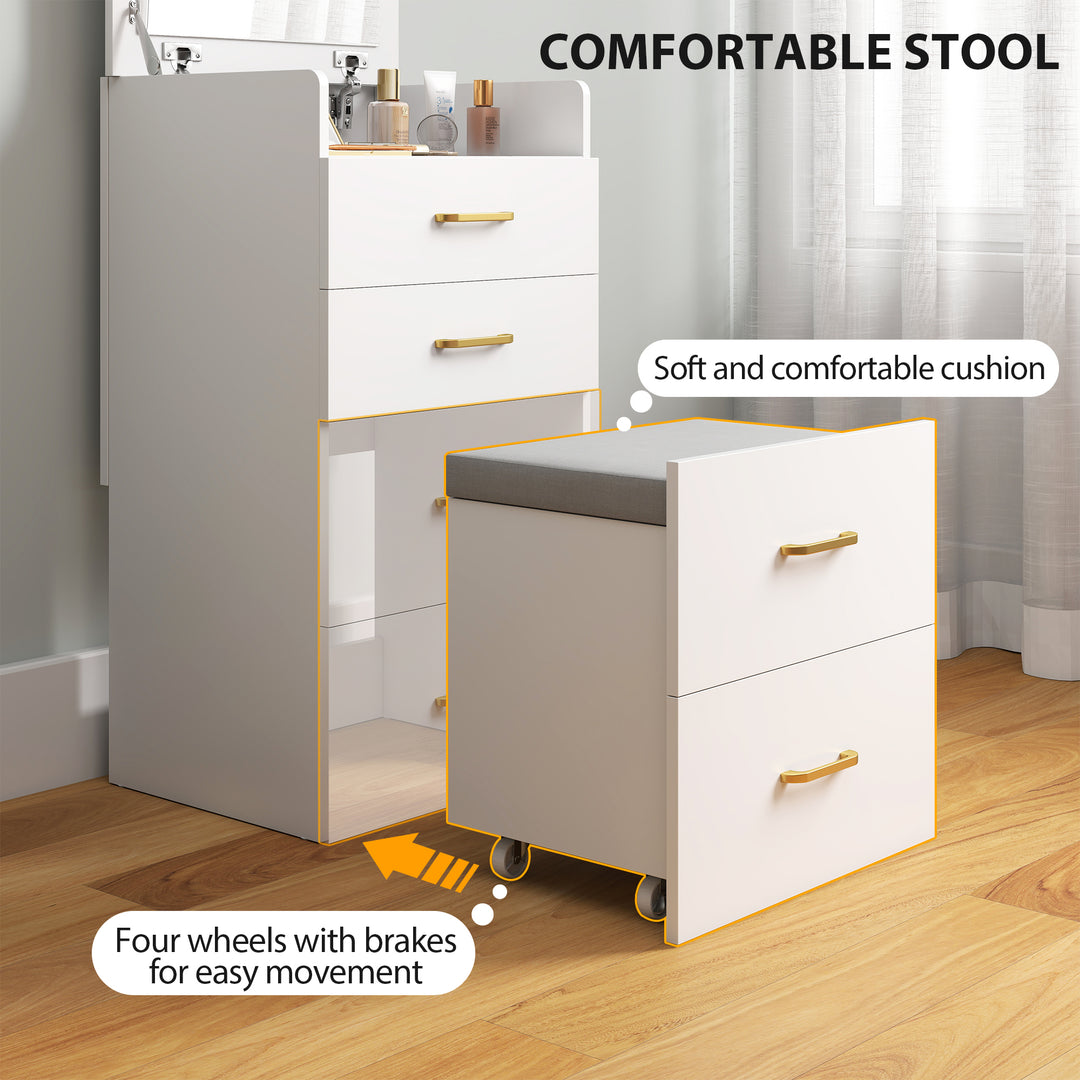 3 in 1 Dressing Table with Flip-top Mirror and Rolling Stool, Modern Vanity Desk with Visible Glass Tabletop, Drawers and Side Hook, Makeup Table with Cushioned Storage Stool for Bedroom, White