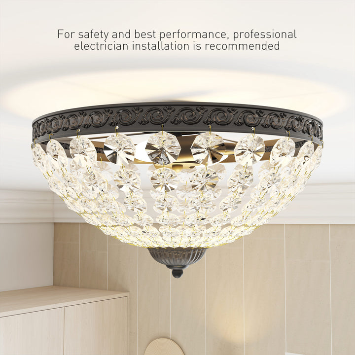 MCL Crystal Chandelier Ceiling Light with 168 Octagonal Beads, Vintage 2-Light Flush Mount Ceiling Light for Living Room, Bedroom, Hallway, Dining Room, Black