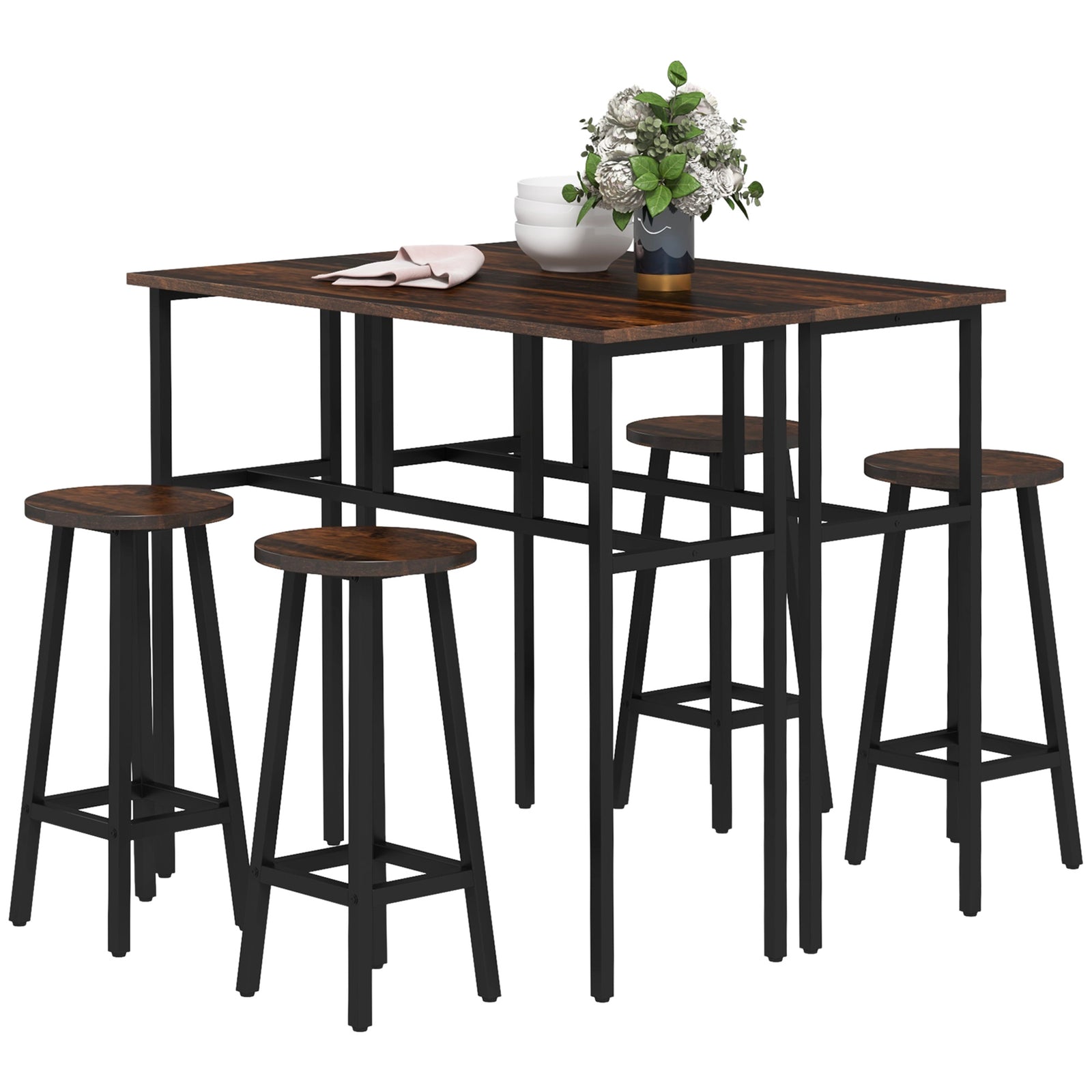 6-Piece Bar Table Set, Counter Height Kitchen Dining Set with 2 High Tables & 4 Stools, Space Saving Compact Bar Furniture for Small Kitchens and Flats, Multiple Arrangements, Rustic Brown