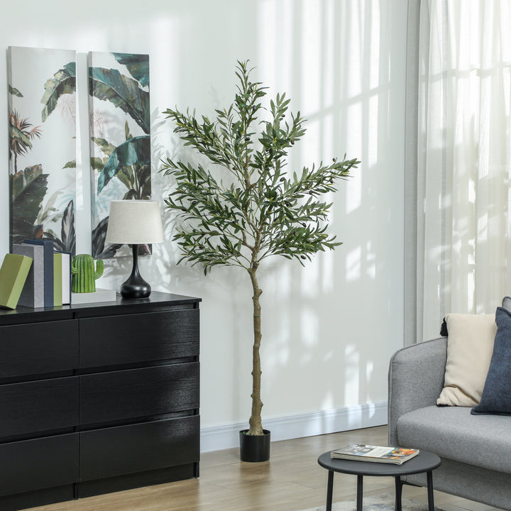 6ft/ 180cm Decorative Artificial Plant, Silk Olive Tree with 900 Leaves and 40 Olive Fruits in Pot, Fake Plant for Home, Office, Living Room, Indoor Decor
