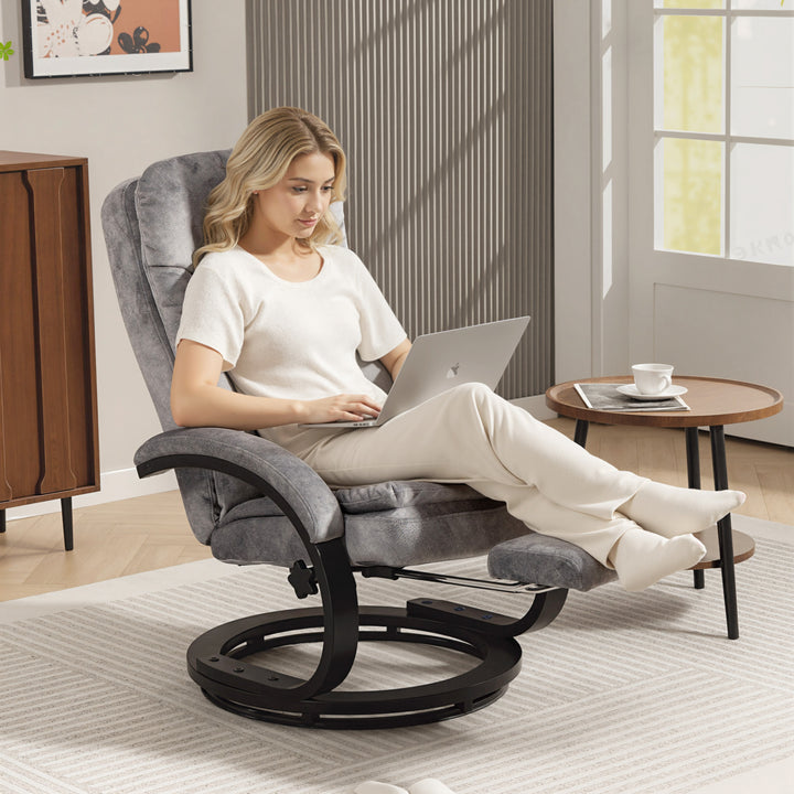 MCL Swivel Recliner Chair with Footrest, Manual Recliner Armchair with Wooden Base, Plush Velvet Upholstered Reclining Chair for Living Room, Bedroom, Office, Grey