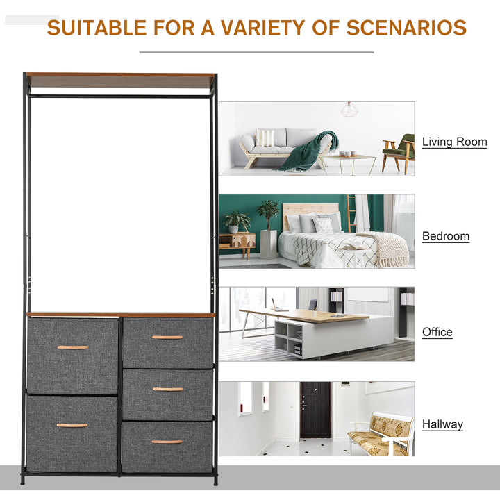 Chest of Drawers with Coat rack Steel Frame 5 Drawers Bedroom Hallway Home Furniture Black Brown