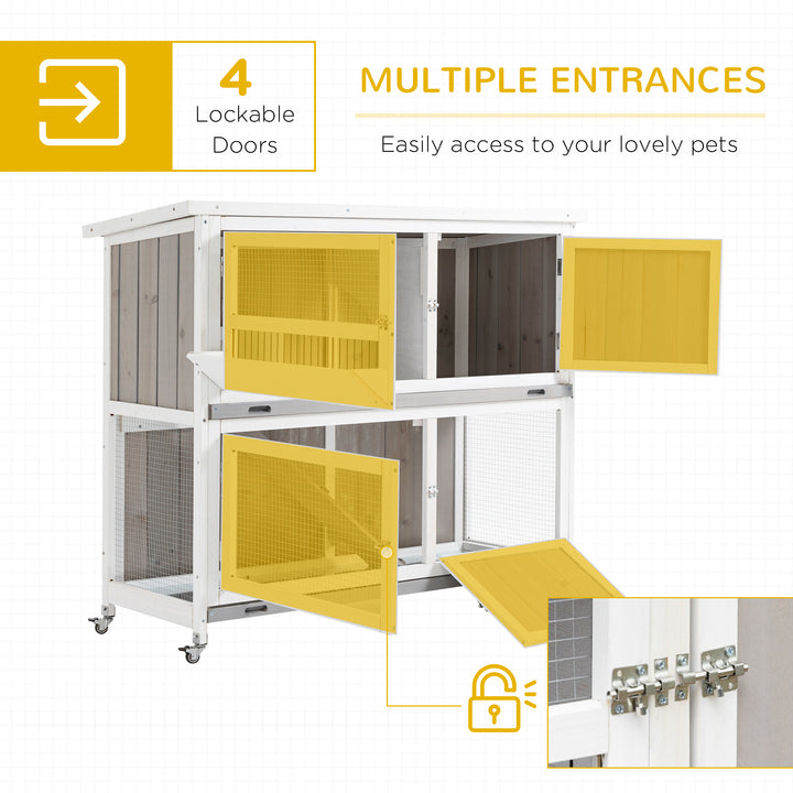 PawHut Wooden Rabbit Hutch Two-Tier Guinea Pig Cage Elevated Multi-Door Pet House Bunny Cage w/ Rain Cover, Wheels, Slide-Out Tray, Grey | Aosom UK