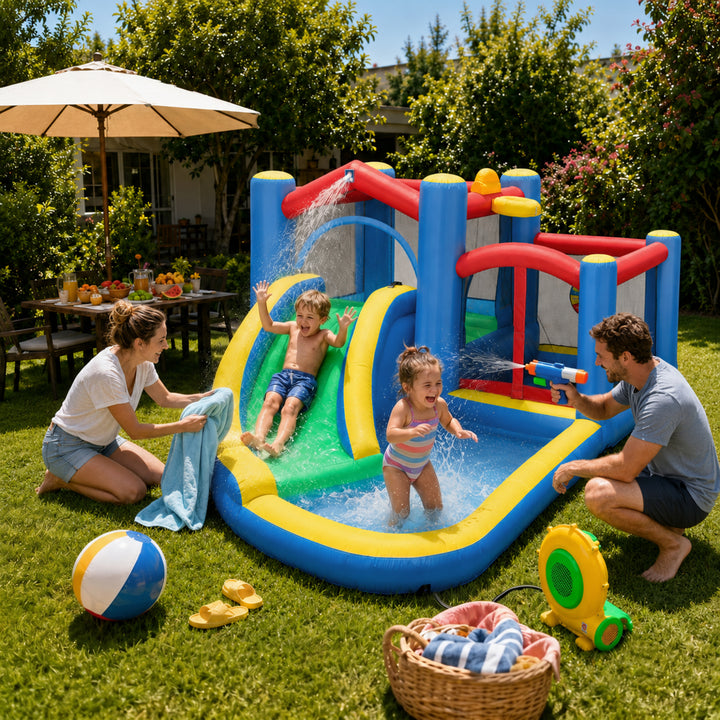 Inflatable Bouncy Castle with 550W Blower, Basketball Hoop, Long Slide