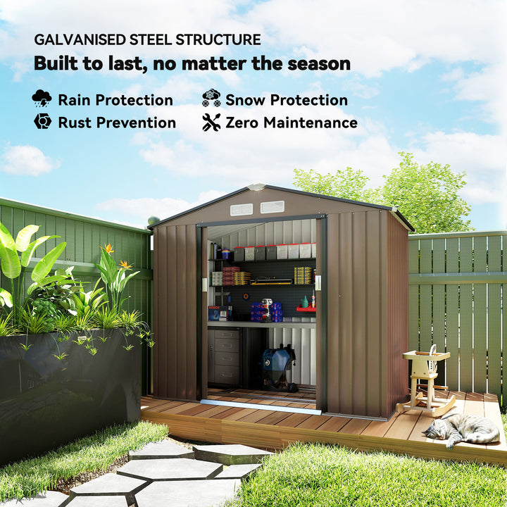 7 x 4ft Metal Garden Shed, Outdoor Storage Tool House with Ventilation Slots, Foundation Kit and Lockable Double Doors, Brown
