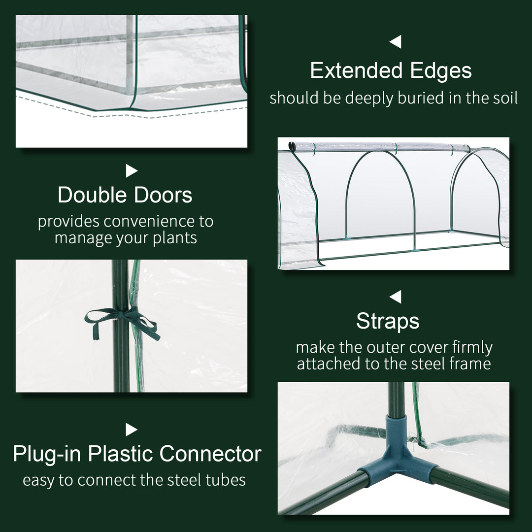 Set of 2 Tunnel Greenhouse, Green Grow House with Roll-up Door, Steel Frame, Plastic Cover for Garden, Outdoor, 250 x 100 x 80cm, Clear