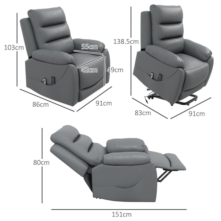 Electric Riser and Recliner for Elderly with 8 Vibration Massage, PU Leather Power Lift Recliner Chair for Living Room with Side Pockets, Footrest, Grey