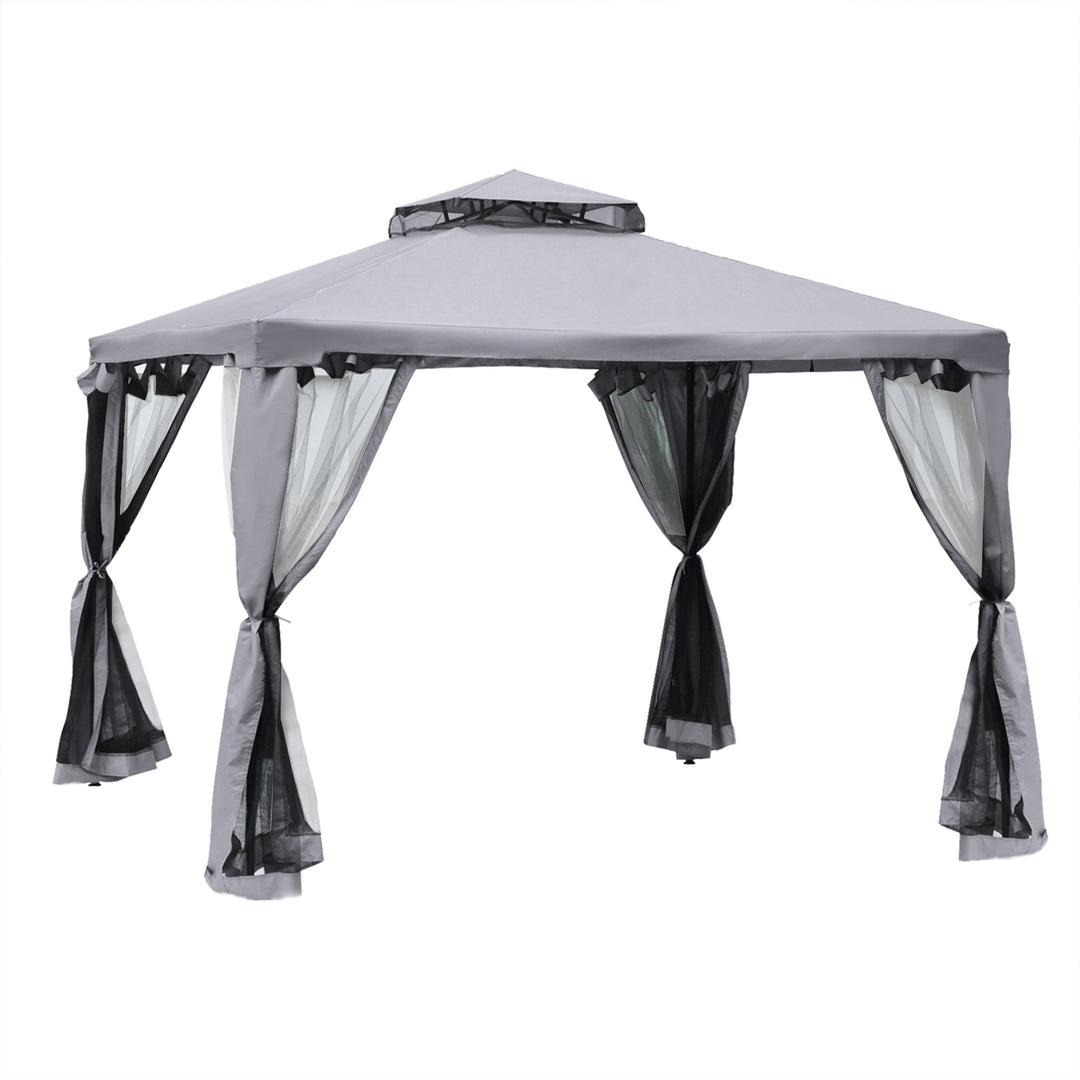 MCL 3 x 3 m Metal Gazebo, Garden Pavillion, Double Roof Outdoor Canopy Shelter with Mesh Sidewalls, Grey
